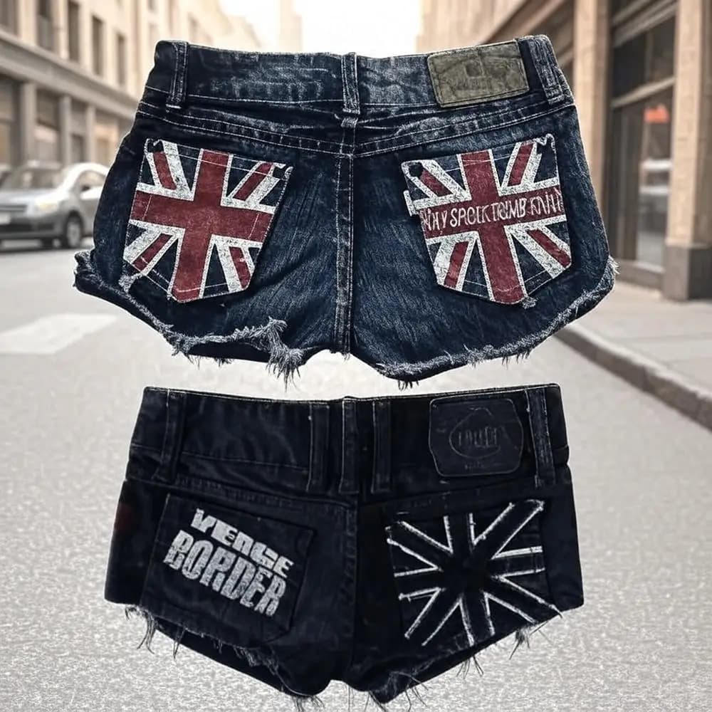 Sweetheart Vintage Y2K Zipper Pocket Denim Shorts Women Black Low Rise Distressed Jeans Flag Patch Chain Frayed Edges Streetwear