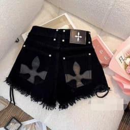 Women's Black Bandage Raw Edge Cross Flower Denim Shorts Personalized Streetwear Fashion Summer Slim High waisted Hot Pants