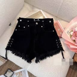 Women's Black Bandage Raw Edge Cross Flower Denim Shorts Personalized Streetwear Fashion Summer Slim High waisted Hot Pants