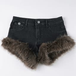 2026 New Retro Fluffy Splicing Denim Shorts Spice Girl Warm Fashion Low Waist Hip Hot Pants Women