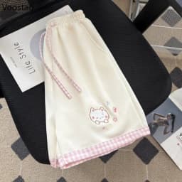 Japanese Sweet Lolita Style Shorts Women Kawaii Cartoon Cat Embroidery Short Pants Y2k Cute Patchwork Plaid Shorts Ropa Mujer