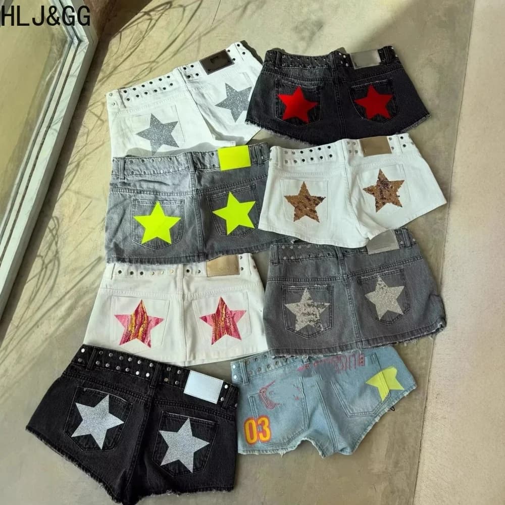 HLJ&GG Y2k Star Denim Shorts for Women Street Fashion Jeans Hot Shorts Loose Fashion Star Print Women Denim Shorts Bottoms 2026