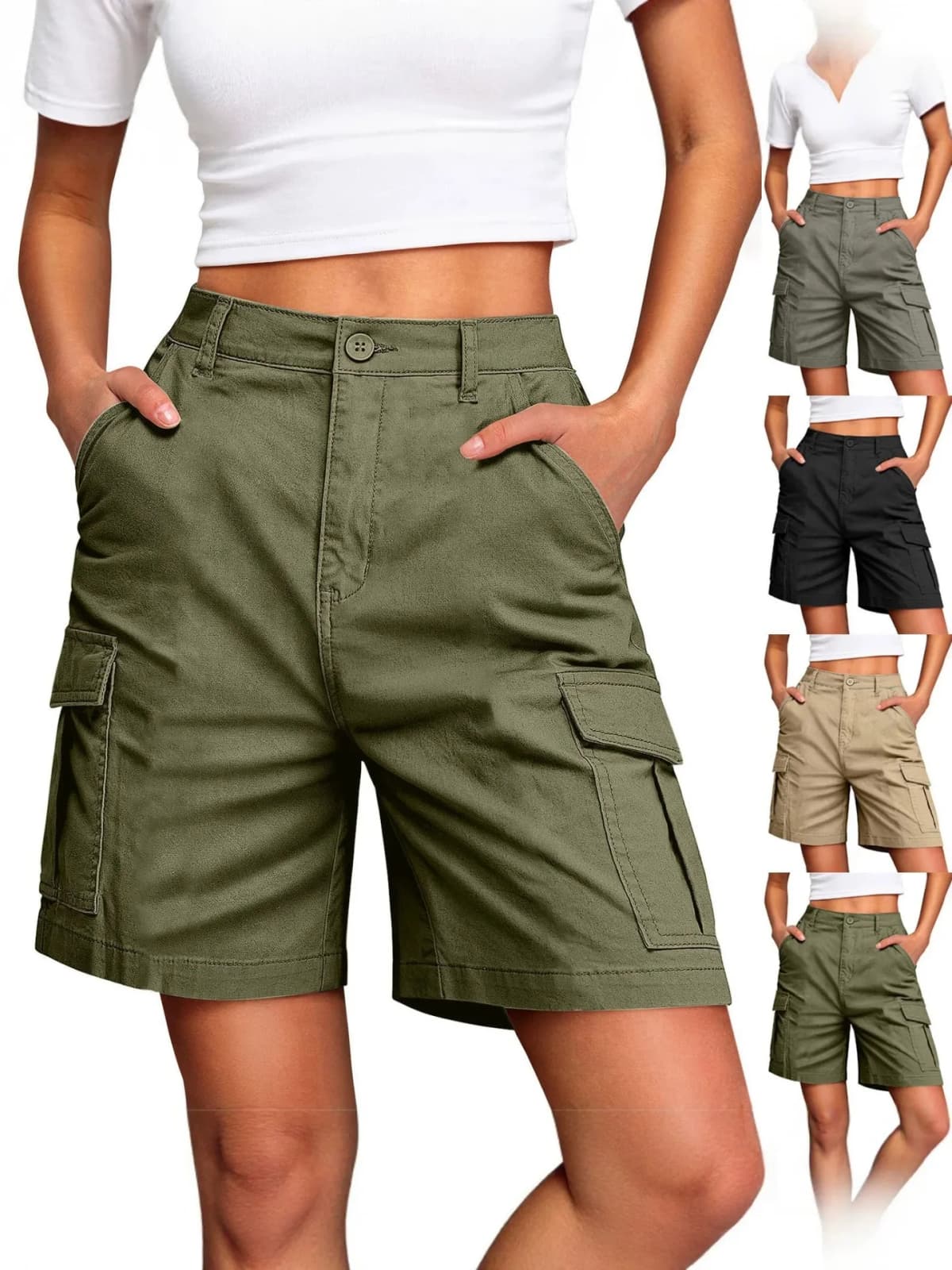 Women's Sporty Mid Waist Knee Length Shorts with 3D Pocket Contrast Panel Solid Color Casual Summer Bottoms for Outdoor Wear