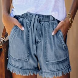 Women's Elastic Waist Fringe Mid Waist Washed Knee Length Straight Leg Denim Shorts with Front Pocket for Summer Outdoor Casual