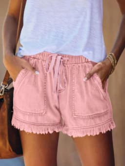 Women's Elastic Waist Fringe Mid Waist Washed Knee Length Straight Leg Denim Shorts with Front Pocket for Summer Outdoor Casual