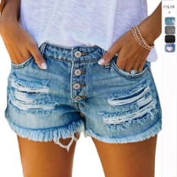 Women's Low Waist Cotton Capri Length Brushed Lightweight Skinny Washed Straight Leg Streetwear Summer Shorts with Frayed Hem