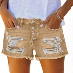 Women's Low Waist Cotton Capri Length Brushed Lightweight Skinny Washed Straight Leg Streetwear Summer Shorts with Frayed Hem