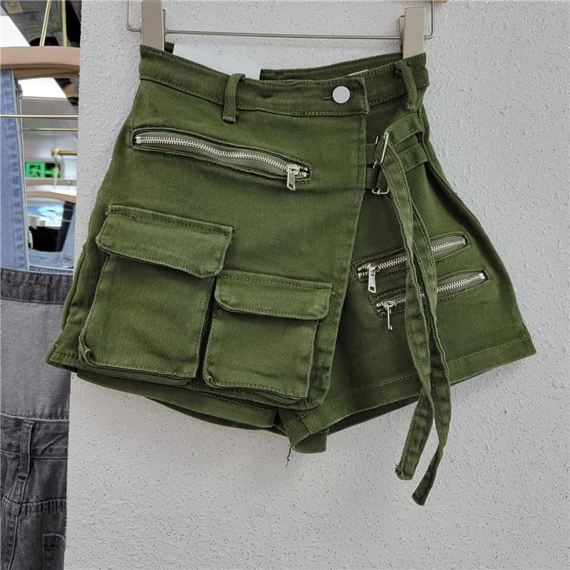 Denim Skirt Women Jeans Culottes Cargo Shorts Irregular Washed High Waist Multiple Y2k Punk Streetwear Short Pants Summer 2025