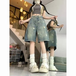 American Retro Washed Vintage Star Denim Shorts Y2k Straight Loose Wide Leg Pants 2026 New All-match Five-point Pants