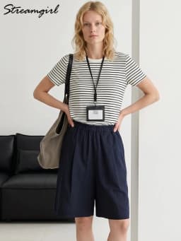 Streamgirl Women's Summer Shorts Cotton High Waist A Line Loose Navy Blue Short Pants Lady White Bermuda Shorts For Women Baggy