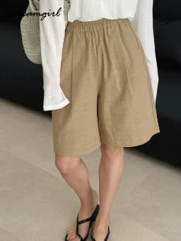 Streamgirl Women's Summer Shorts Cotton High Waist A Line Loose Navy Blue Short Pants Lady White Bermuda Shorts For Women Baggy