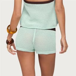 Women Hollow Out Mesh Crochet Knit Shorts Color Block Contrast Waistband Low Waist Casual Summer Beach Knitted Short Bottoms