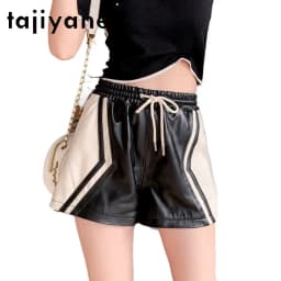 TAJIYANE Sheepskin Geunine Leather Shorts Elastic Waist Women's Shorts A Line Wide‑Leg Shorts for Woman Black Bootyshorts 반바지