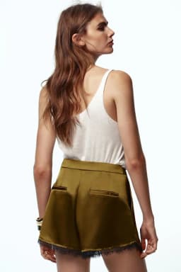 Women's High Waist Satin Shorts with Layered Lace Trim Female Solid Elastic Waistband CasualDressy Shorts with Pockets