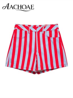 AACHOAE Women Red White Striped High Waist Shorts Summer Casual Straight Leg Shorts Vintage Beach Trendy Stripe Hot Pants