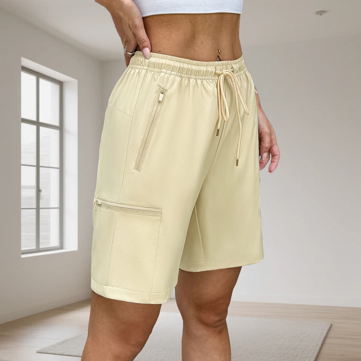 Drawstring Loose Women Shorts with 4 Pockets Quick Dry Elastic Outdoor Running Shorts Summer Breathable Casual Shorts