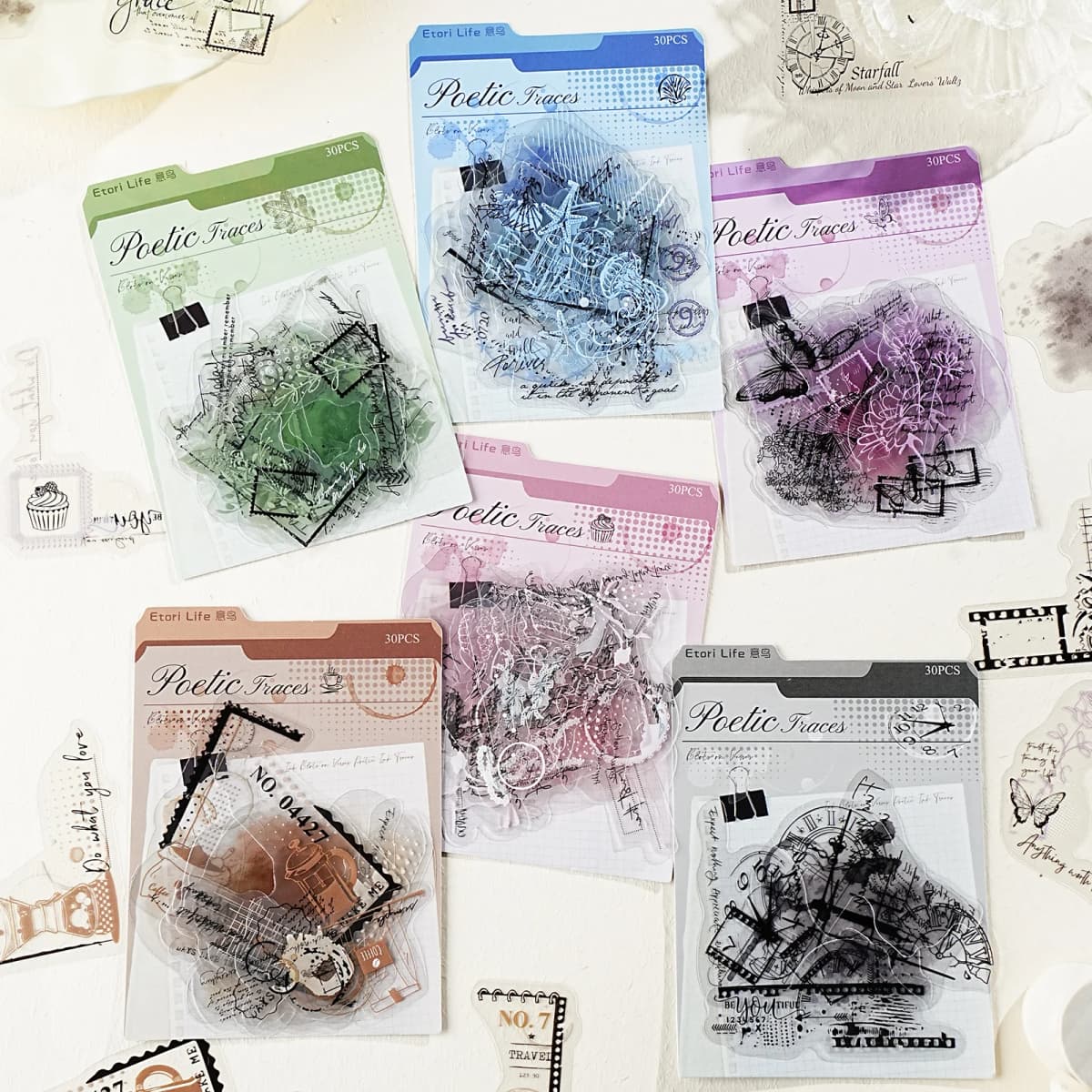Etori Life Poem Ink Mark Series 30Pcs Vintage Watercolor Collage Pet Stickers Floral Lace Old Newspaper Clock Journal Decoration Materials for Laptops, Phone Stickers, Suitcases, Office Decoration Accessories, DIY Crafts, Pencil Cases, Handmade Scrapbooking Supplies, Student Gift Paper Bags, Children's Stickers, Gifts for Friends