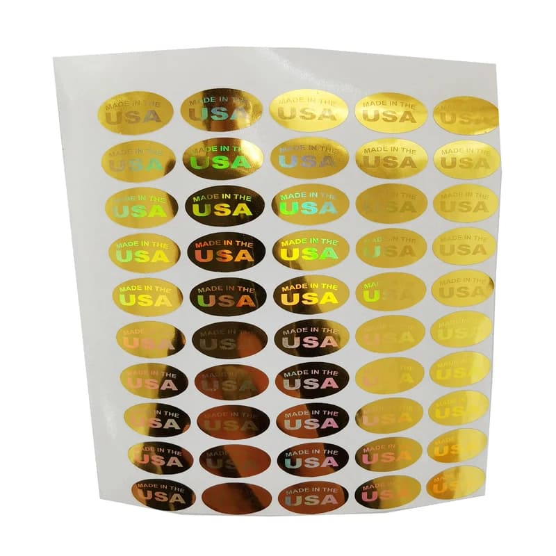 500pcs 'MADE IN THE USA' Silver/Gold Color Holograms Seal Stickers 13x6.5mm Oval Shape