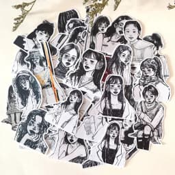 50pcs Ins Wind Japanese Girl Heart Stickers Black And White Salt Girl A Character Sketch Waterproof Hand Account Stationery