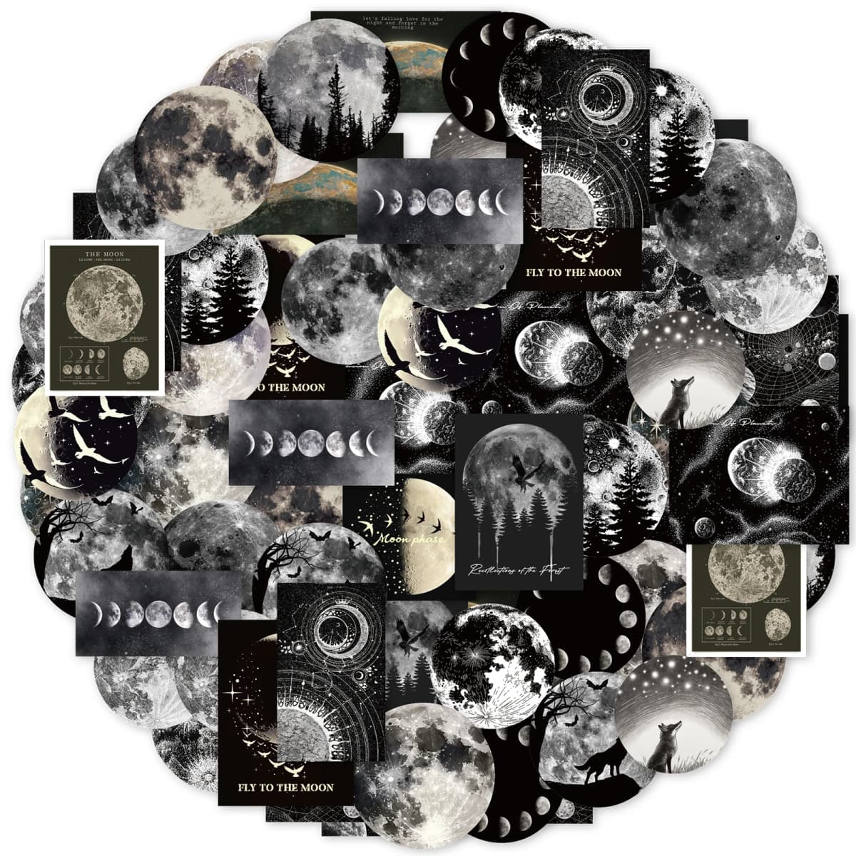 50pcs (25x2) of Black Moon and Lunar Eclipse Scene Stickers for Photo Album, Notebook, Water Bottle and Suitcase Stickers