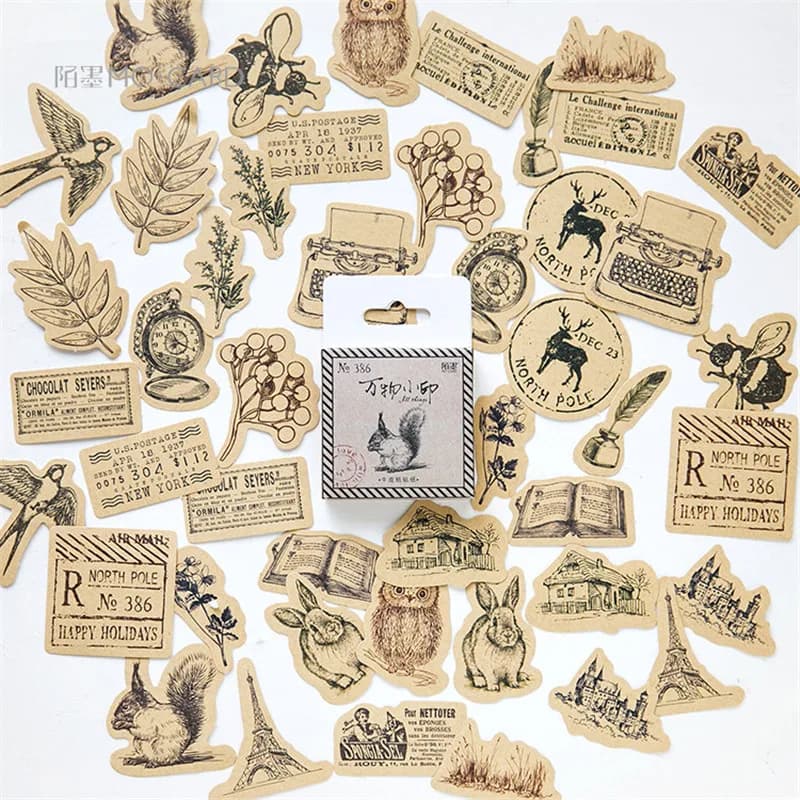46Pcs Vintage Creative Animals & Plants Kraft Paper Stickers Set for DIY Scrapbooking Diary Decoration & Stationery Flakes