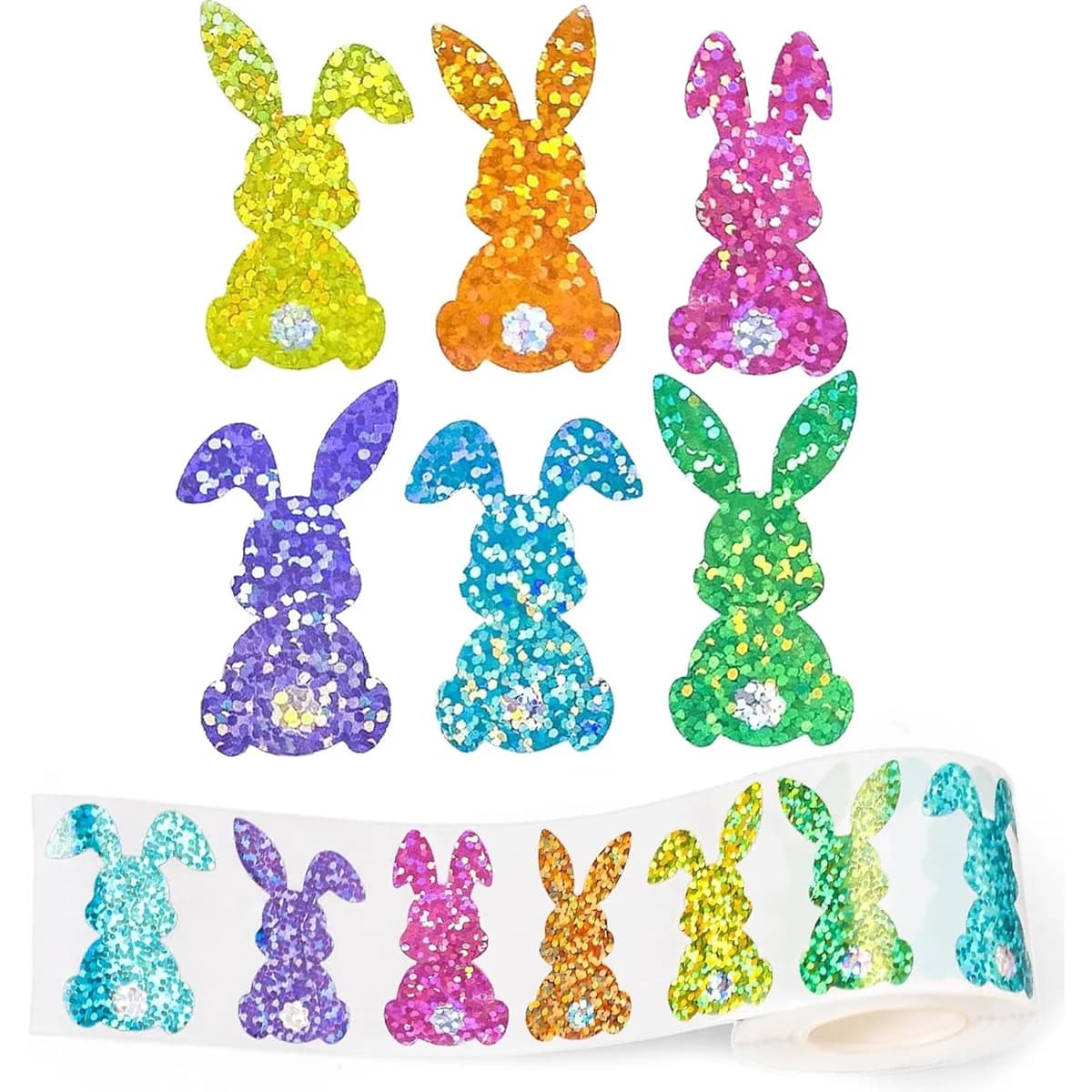 500Pcs Easter Bunny Stickers Roll Colorful Laser Rabbit Paper Decals 5 Colors Spring Sparkly Self Adhesive Seal Stickers