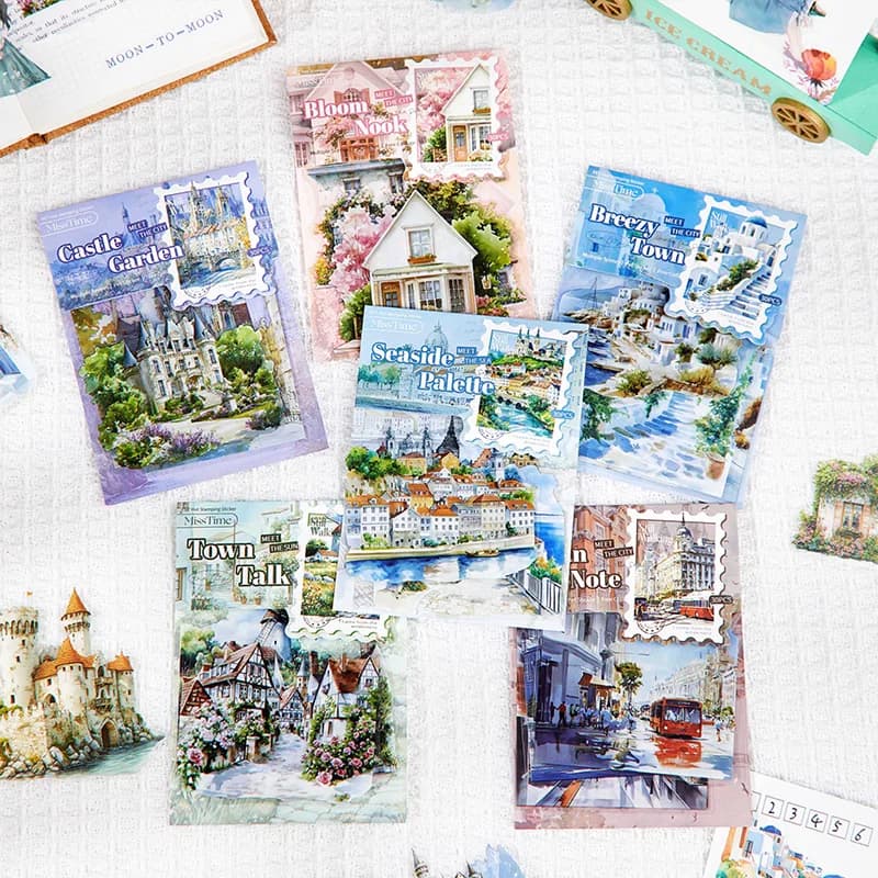 30pcs/pack Ins Aesthetic Stationery Stickers Town Scenery PET Scrapbook Stickers Collage Decor Diary Album Junk Journal Supplies