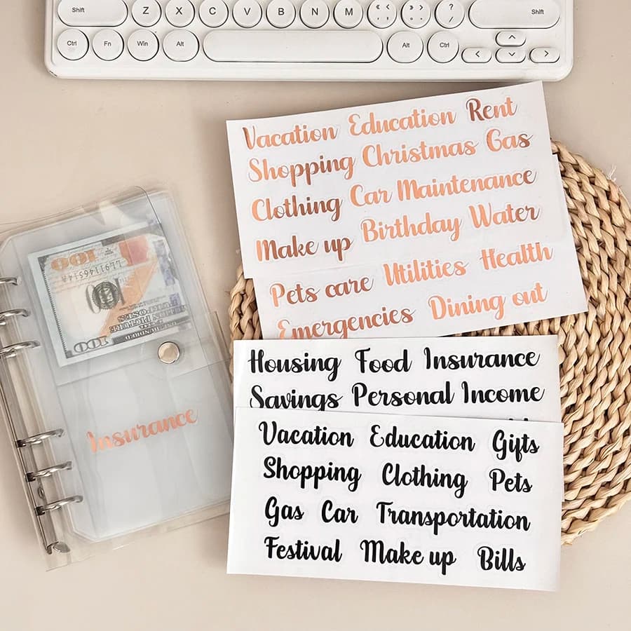 Sharkbang 2pcs PET English Stickers, Black And Aold Artistic Lettering, Fit For DIY Budget Book Labels And School Suppliers