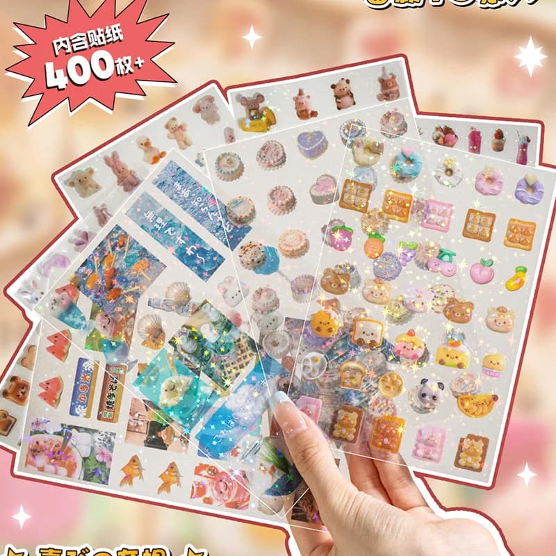 10sheets Kawaii Japanese Showa style glitter film PET die-cutting stickers DIY handmade scrapbook cute stationery stickers