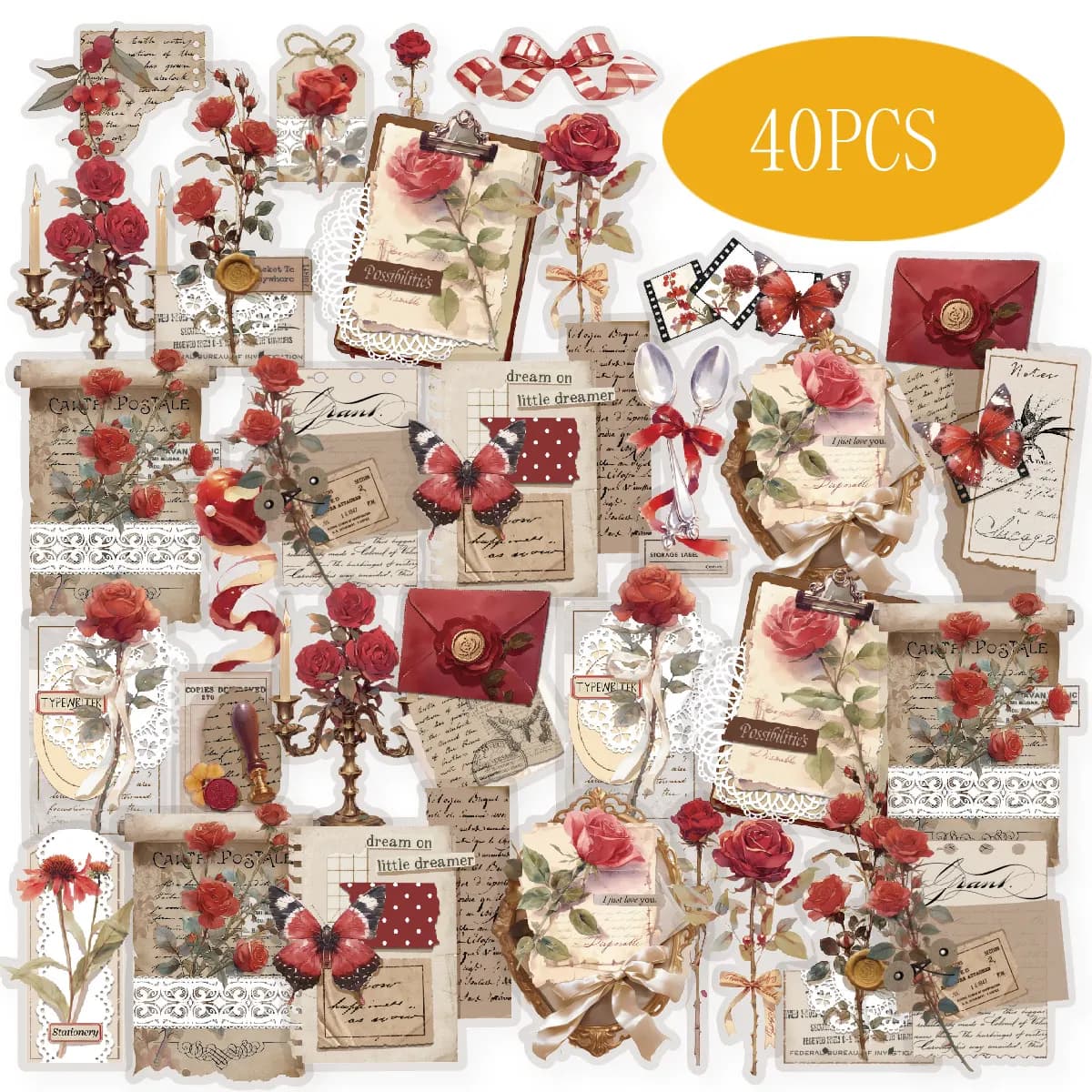 Etori Life Red Enchanting Rose Red Love Letter Vintage Journal Pattern Stickers for Scrapbooking Supplies, Photo Albums, Room Decoration, Envelopes, Magazines, Student Stationery, DIY Crafts, Children's Stickers, Die-Cut Crafts