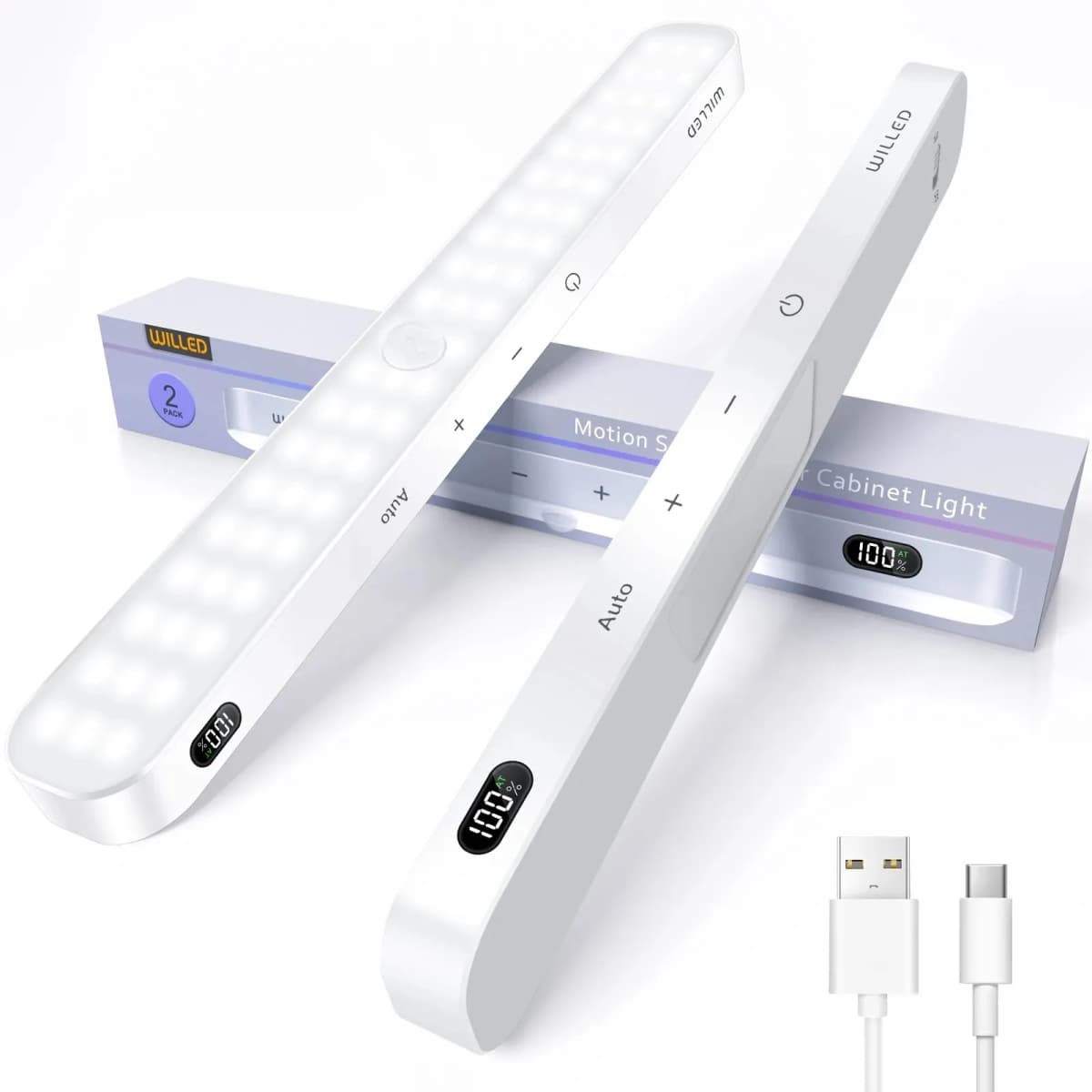 WILLED Motion Sensor Cabinet Light Battery Display 60 LED Touch Light Bar Wireless Rechargeable Battery Night Light