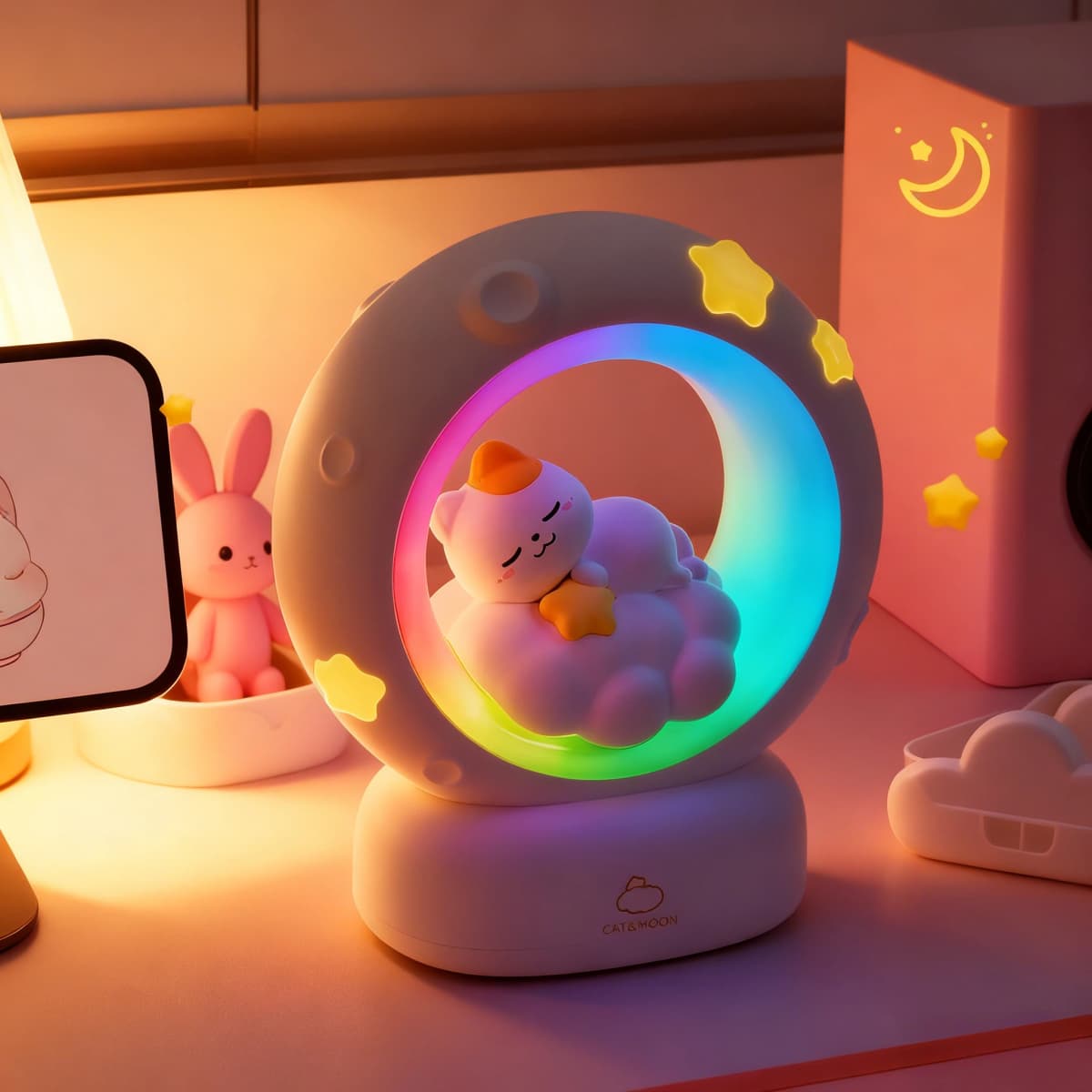 LED Moon Night Light Cute Animal Cartoon Rabbit Lamps USB Rechargeable Warm Bedroom Decoration Sleeping Lights