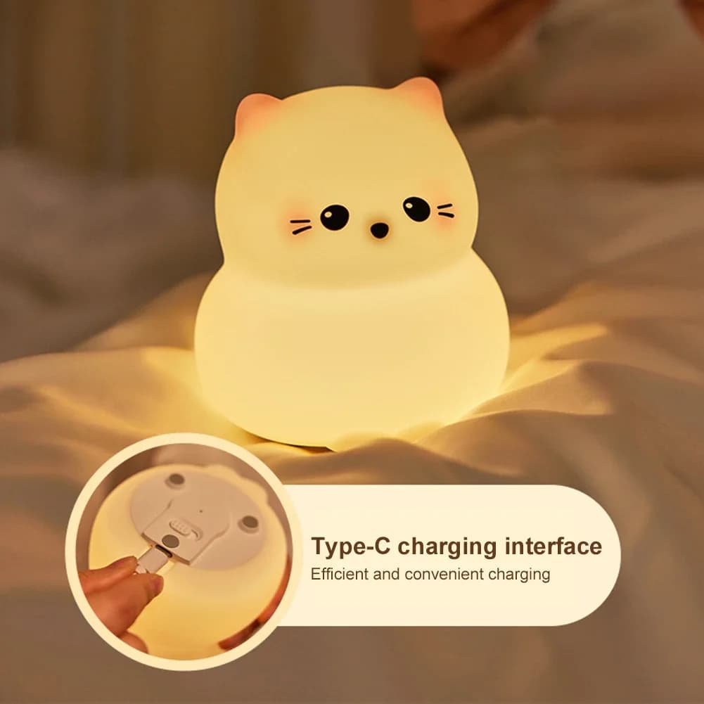 Guardian Kitty Silicone LED Night Lights USB Rechargeable Sleep Night Lamp Timing Bedside Room Decor Kids Baby Nightlight Gift