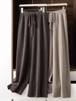 Afashion High Waist Knitted Wide Leg Pants Women's Casual Straight Leg Pants Spring Autumn New Style Belted Commute Style Slimmi