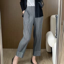 Miyake Pleated Straight Leg Pants, Women's Elastic Waist Cropped Pants, Casual and Versatile Small Leg Pants