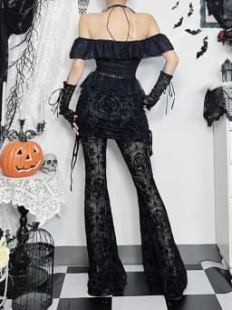 AltGoth Gothic Dark Flocking Pants Women Streetwear Aesthetic Emo Alt Grunge See Through Lace-up High Waist Flare Pants Female
