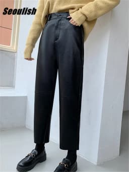Seoulish Autumn Winter PU Faux Leather Women's Wide Leg Pants High Waist Female Casual Loose Ankle Length Trousers 2023 New