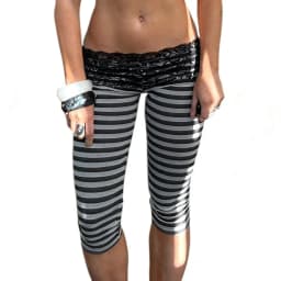 Women Y2K Striped Lace Trim Capri Pants Low Rise Fold Over Leggings Fitted Cropped Pants for Lounge Yoga Athletic Streetwear