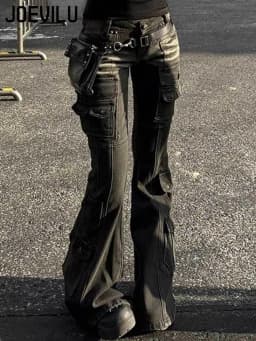 Women's Low Waist Cargo Jeans Black Washed 2000s Y2K Retro Distressed Whiskers Multi-Pocket Bootcut Micro Flare Pants Grunge New