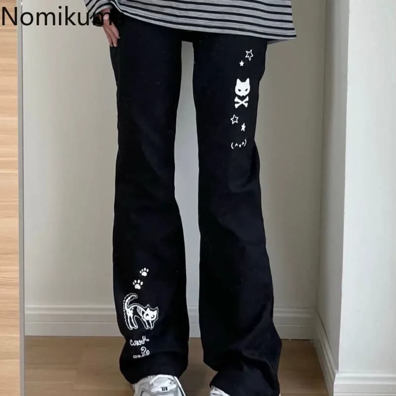Japanese Y2k Pants Women Streetwear Skull Print Black Pantalon Femme Elastic Waist Casual Fashion Trousers 2025 New Bottoms