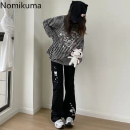 Japanese Y2k Pants Women Streetwear Skull Print Black Pantalon Femme Elastic Waist Casual Fashion Trousers 2025 New Bottoms