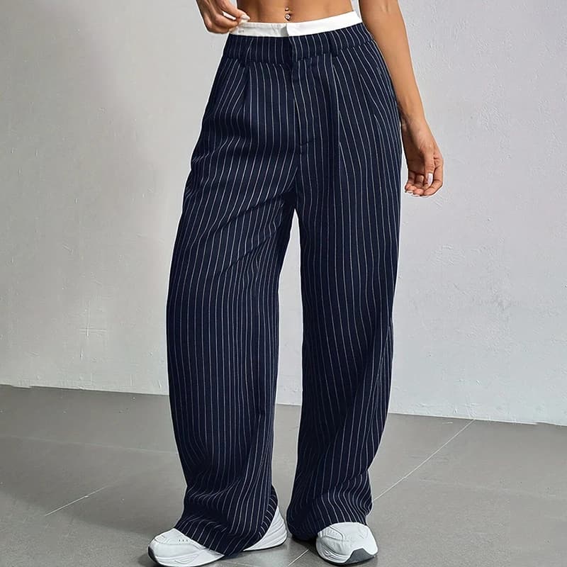 High Waist Stripe Printed Spliced Suit Trousers Women Casual Loose Straight Wide Pants Simple All-Match Draped Full Length Pants