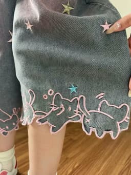 Women High Waist Cute Cartoon Cat Embroidery Jeans Girls Vintage Y2k Clothes Calf Length Denim Pants Harajuku Blue Streetwear