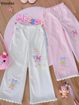 Japanese Kawaii Lolita Style Corduroy Pants Women Sweet Cute Cartoon Embroidery Casual Trousers Harajuku Subculture Sweatpants