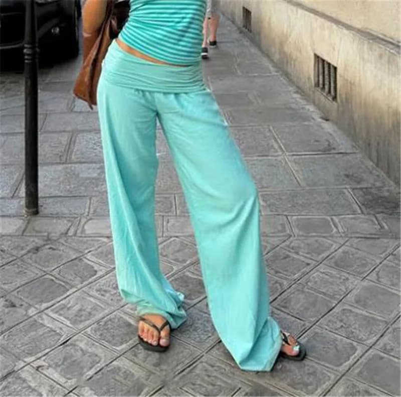 Women Wide Leg Pants Solid Color Fold Over Flare long pants Waist Low Rise Trousers