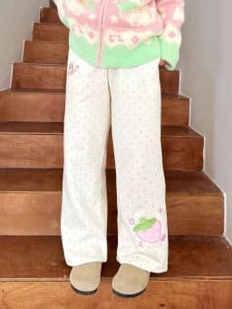 Kawaii Sweet Wide Leg Pants Women High Waist Cute Strawberry Embroidery Trousers Japan Preppy Style Female Spring Casual Pant