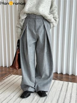HanOrange 2026 Heavy Weight Winter Retro Herringbone Wool Pressed Double Pleated Trousers Women Wide Legs Pants Gray/Brown