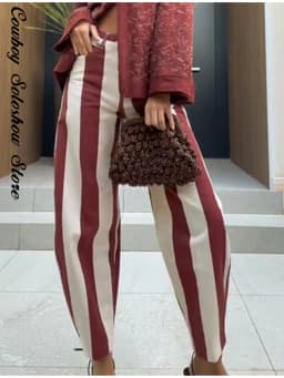 Vintage Stripe Women's Pants Casual Y2k Red Loose Sickle‑shaped Trousers Lady New Street Spring Summer Clothing 2026