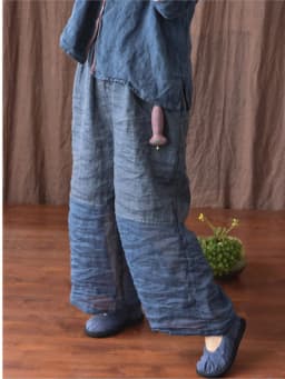 Johnature Women Linen Patchwork Color Wide Leg Pants Elastic Waist 2025 Summer New Original Loose Women Long Pants