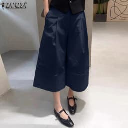 ZANZEA 2026 Women Casual Calf-Length Pants Elastic Back Waist Solid Color Wide-Leg Cropped Pant Autumn Loose Cozy Woman Bottoms